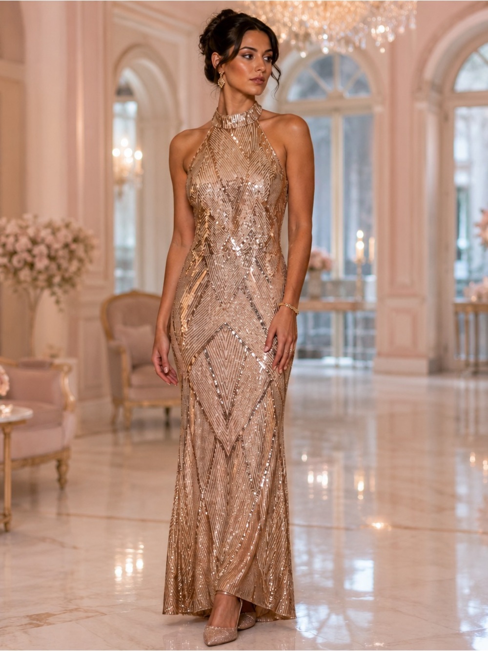 Sleeveless Beads SparklChain Cocktail Dress Sequin Halter Gown Rose Gold Size L